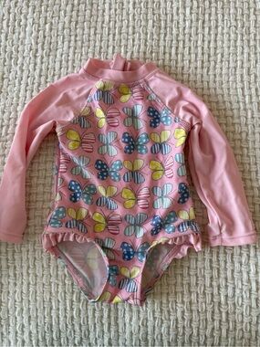 Floatimini Pink Long-Sleeve One-Piece Swimsuit with Multicolor Butterfly Print